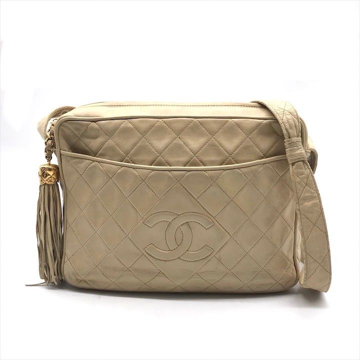 CHANEL シャネル ココマーク マトラッセ ラムスキン フリンジ ショルダー バッグ ベージュ レディース ブランド 鞄 カバン db12