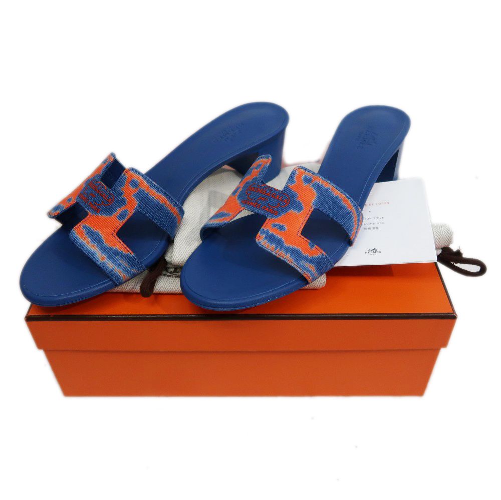 名東】エルメス オアジス サンダル サイズ38 ブルー系 オレンジ