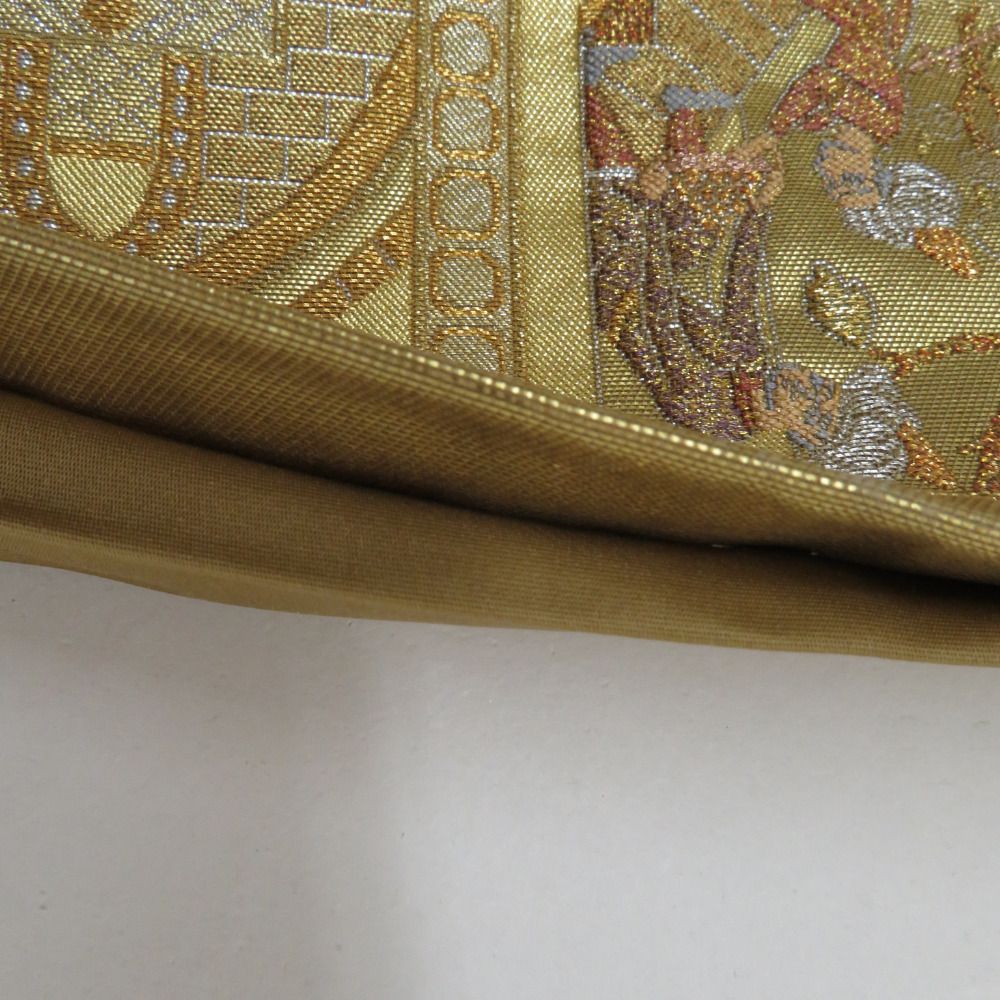 袋帯 繻珍織 本金 金糸銀糸 トルコ風景文様 六通柄 ゴールド色 正絹