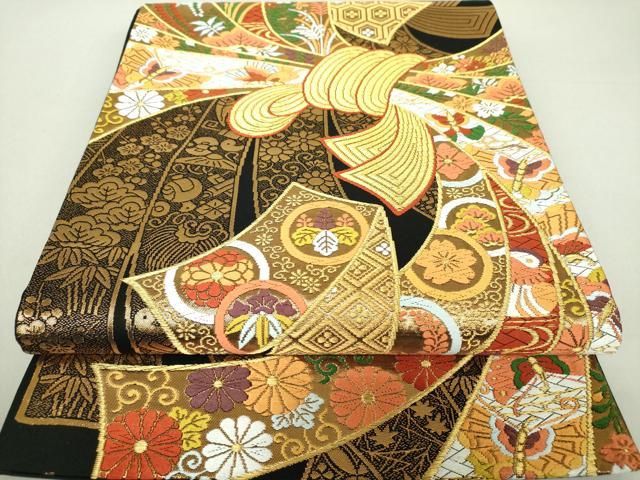 平和屋着物●西陣　河合美術織物謹製　六通柄袋帯　唐織　束ね熨斗舞蝶花鳥文　黒地　金糸　正絹　逸品　DAAS3639ps 平和屋着物○西陣 河合美術織物謹製 六通柄袋帯 唐織 束ね熨斗舞蝶花鳥