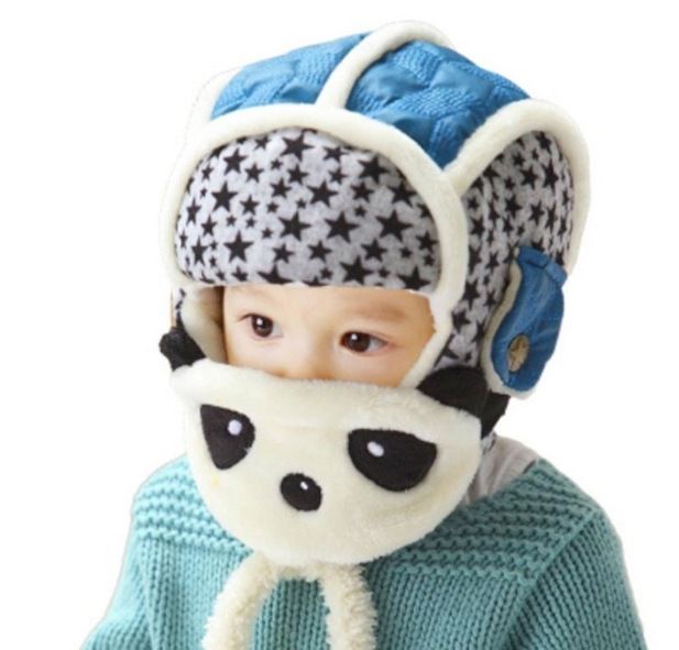 新品 スター パンダ ベビー パイロット ニット帽 ネックウォーマー ☆フワモコ☆ 青