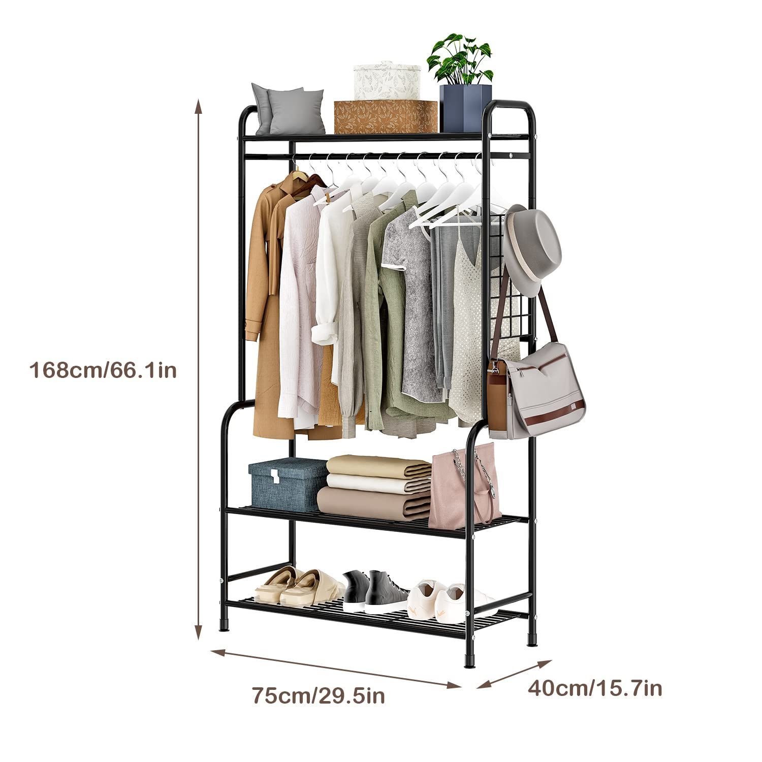在庫 ブラック 75 40 168cm 組立簡単 耐腐食性 高耐荷重 防水 防サビ シングル フック付き おしゃれ 収納ラック 衣類収納 コート掛け 物干しスタンド 洋服ハンガー パイプハンガー ハンガーラック