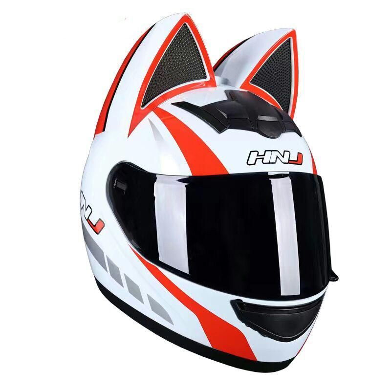バイクヘルメット フルフェイス フルフェイスヘルメット 猫耳 猫耳付き 可愛い ホワイト× レッド XLサイズ