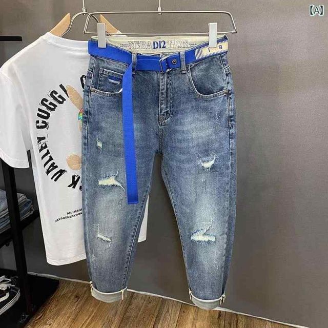 [32]メンズ ファッション 服 男性用 オシャレ シンプル 大人 かっこいい 大きいサイズ ストリート 紳士服 夏 九分丈 ジーンズ リップ アンクレット 九分丈 パンツ ゆったり 快 パンツ