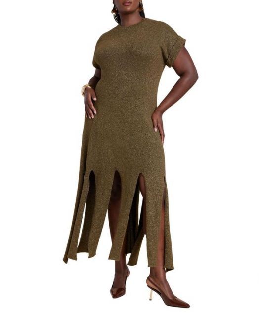 送料無料 エロクイ レディース ワンピース トップス Women s Plus Size Lurex Sweater Dress W Fringes Rich olive