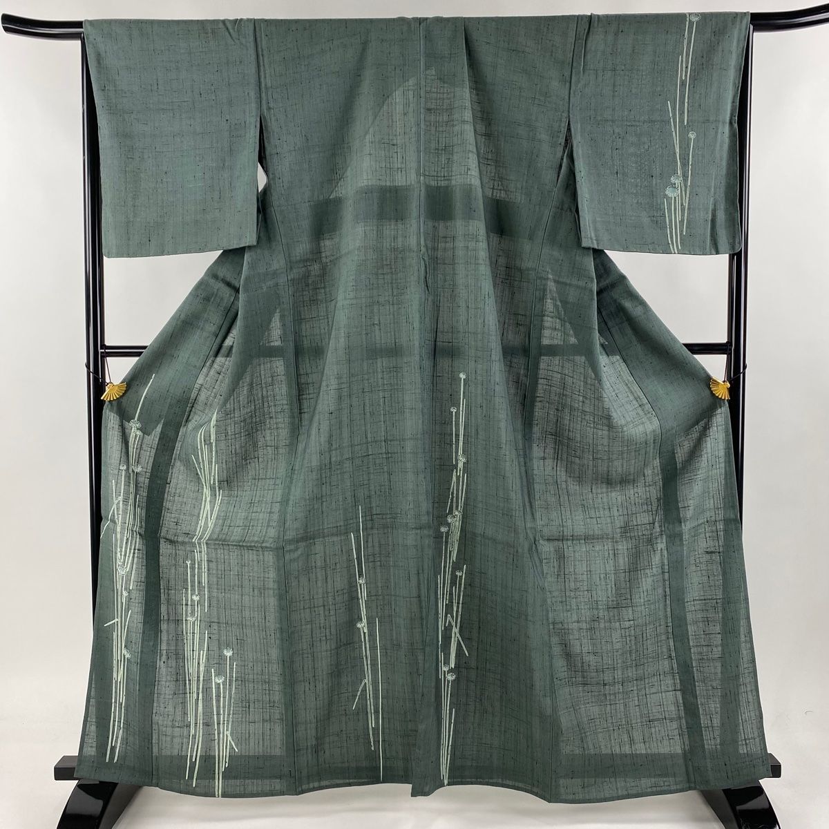 付下げ 身丈163cm 裄丈65.5cm M 薄物 紬地 草花 灰緑 正絹 秀品 【中古  