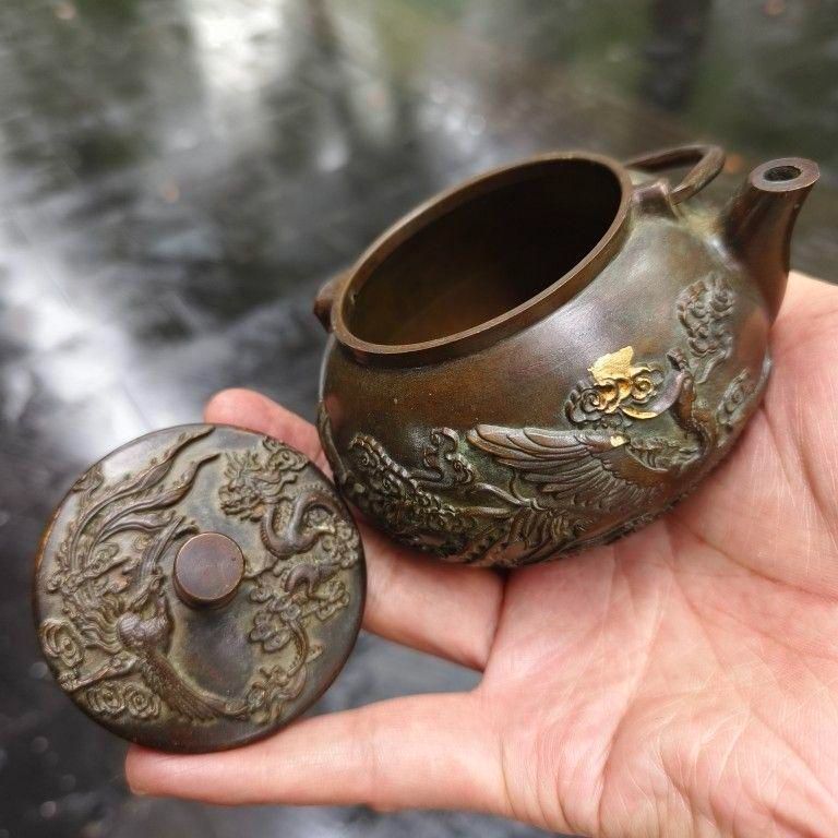 銅器 龍鳳提梁 徳利 急須 茶道具 工芸品 美術品 置物 銅製 龍鳳提梁茶壺 茶道具 煎茶道具 浮き彫り 工芸品 美術品