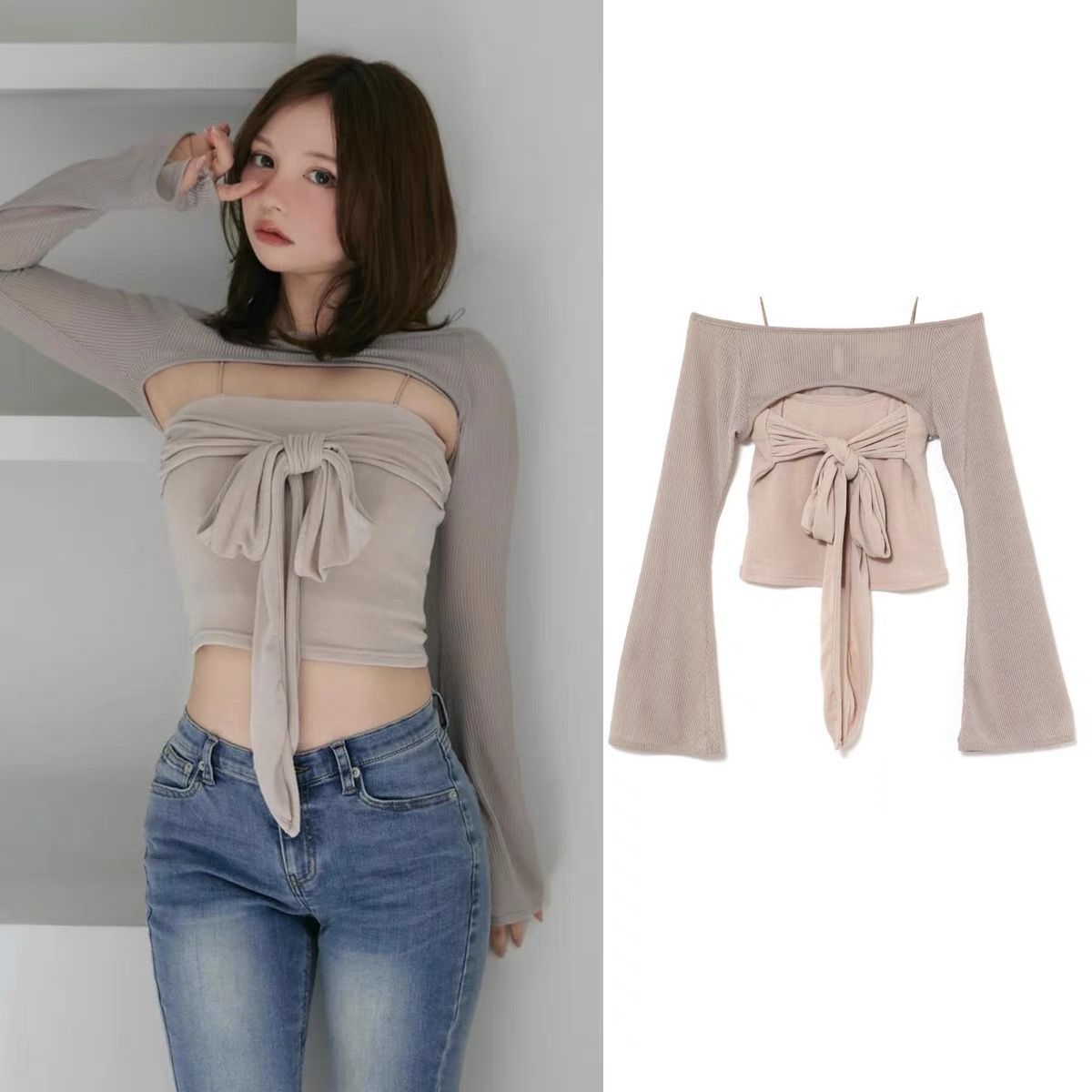 Andmary Shayla ribbon tops beige アンドマリー