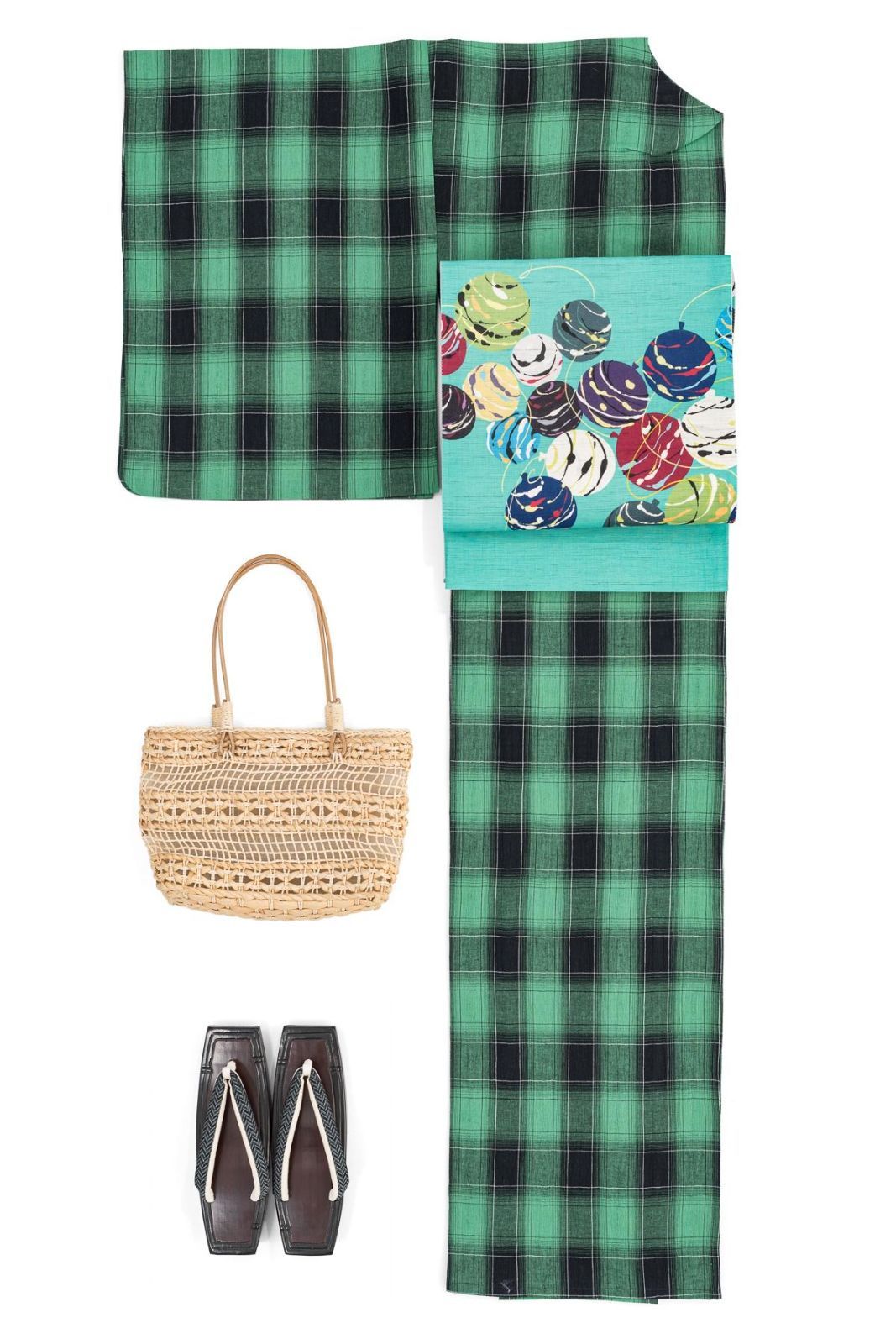 近江ちぢみ 綿麻 緑 タータンチェック