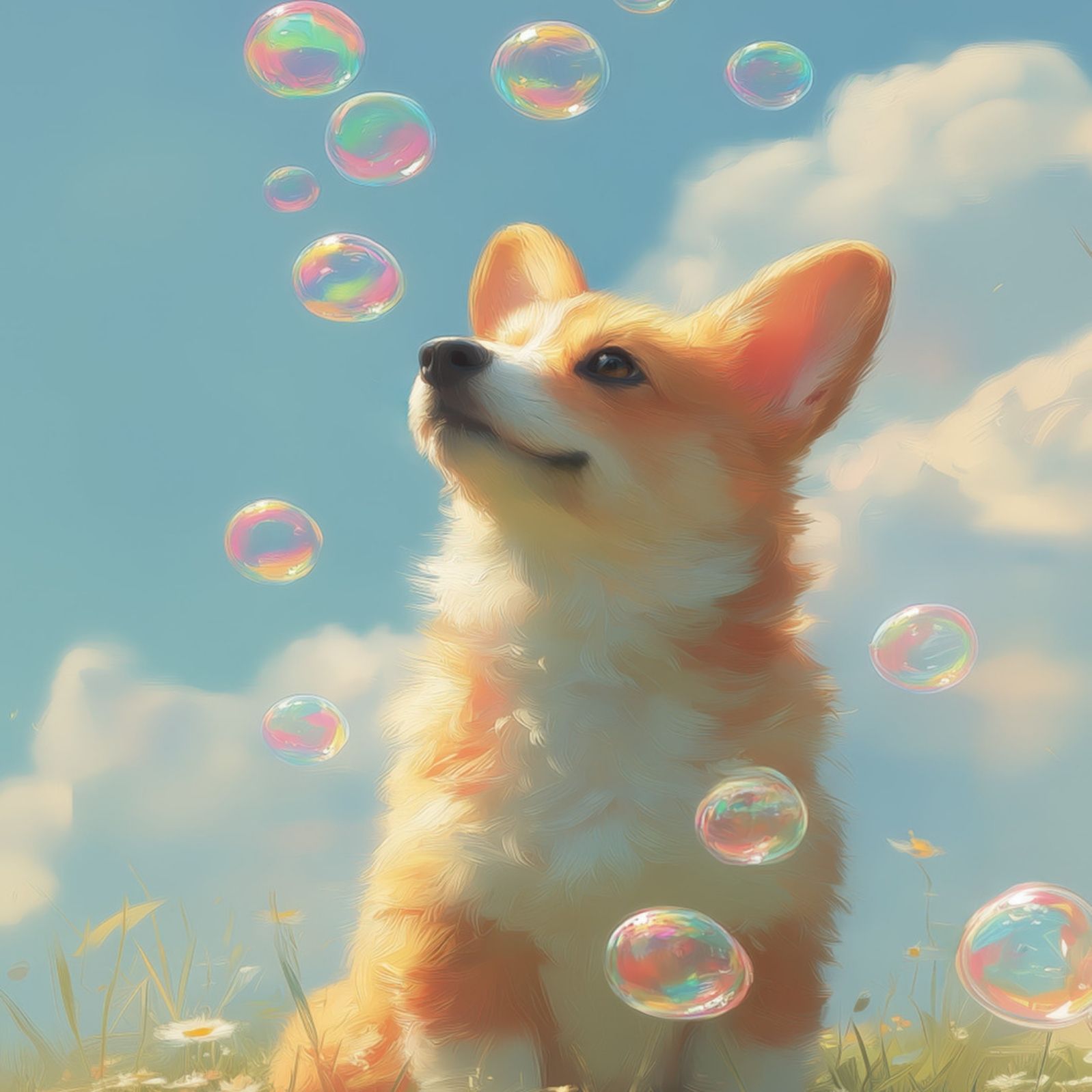 名入れOK 犬とシャボン玉 - ウェルシュコーギー犬 No.1 アートポスター うちの子記念日 ペットロス 北欧 ナチュラル