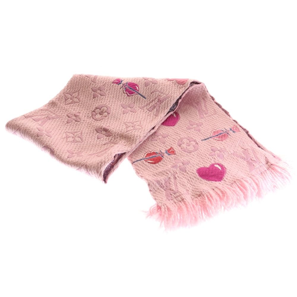 LOUIS VUITTON ルイヴィトン エシャルプ ロゴマニア ア ラ フォリ モノグラム ハート リップ ウール シルク ジャガード フリンジ マフラー ピンク M 71587