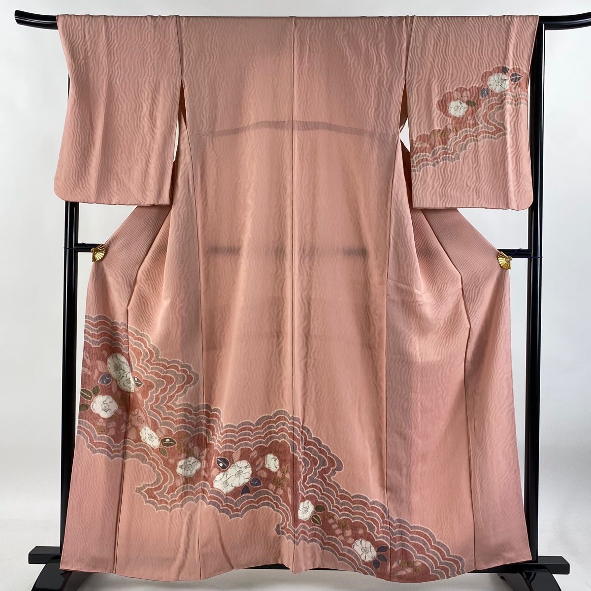 訪問着 身丈160cm 裄丈67.5cm L 袷 椿 雲文 絞り 縮緬 ピンク 正絹 秀品