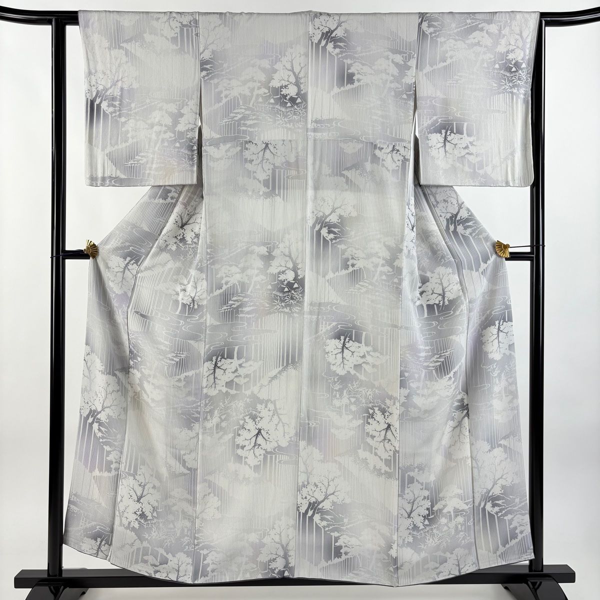 小紋 身丈156cm 裄丈63cm S 袷 樹木 家屋 ぼかし 灰色 正絹 秀品