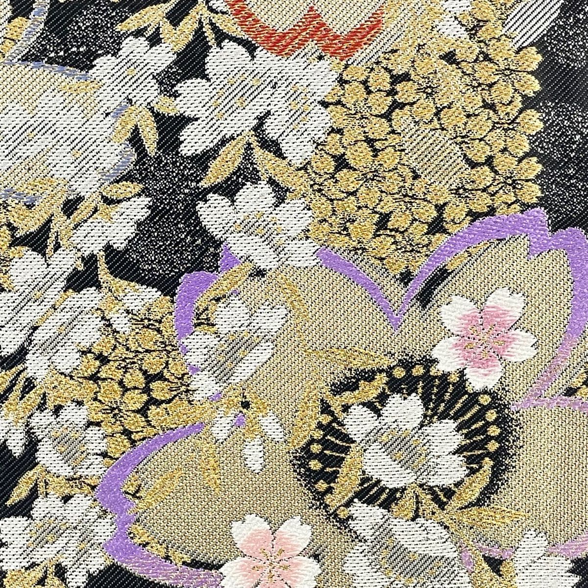 袋帯 美品 秀品 桜 花びら 金糸 箔 黒 六通 正絹 【中古