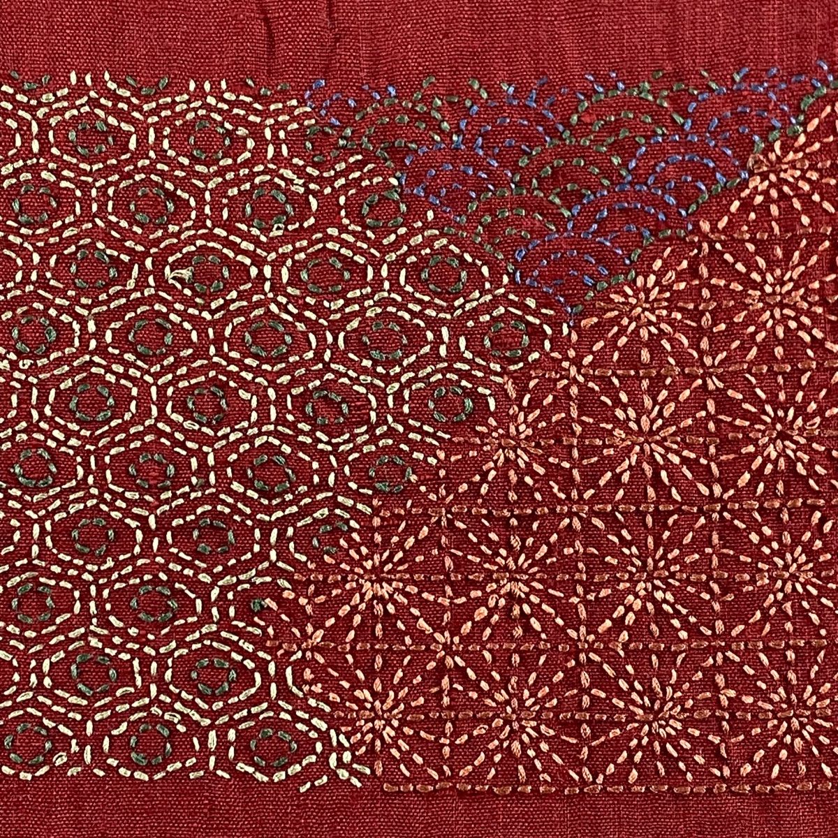 値下げ‼️　中古品　正絹　名古屋帯　81　紬織　刺し子刺繍　お太鼓柄 美品] 刺繍 紬地 名古屋帯 正絹 お太鼓柄 成り物文様 唐草 茶色