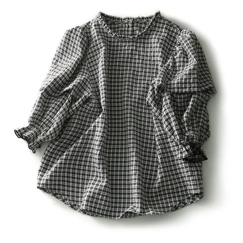 レディース シャツ ブラウス 5分袖 トップス 夏 チェック柄 パフ