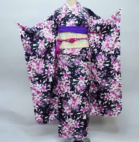振袖 着物 単品 合繊 仕立て上がり 小紋柄 小ゆり 小花 黒地 NO36109 振袖 着物 単品 合繊 仕立て上がり 小紋柄 小ゆり 小花 黒地 成人式
