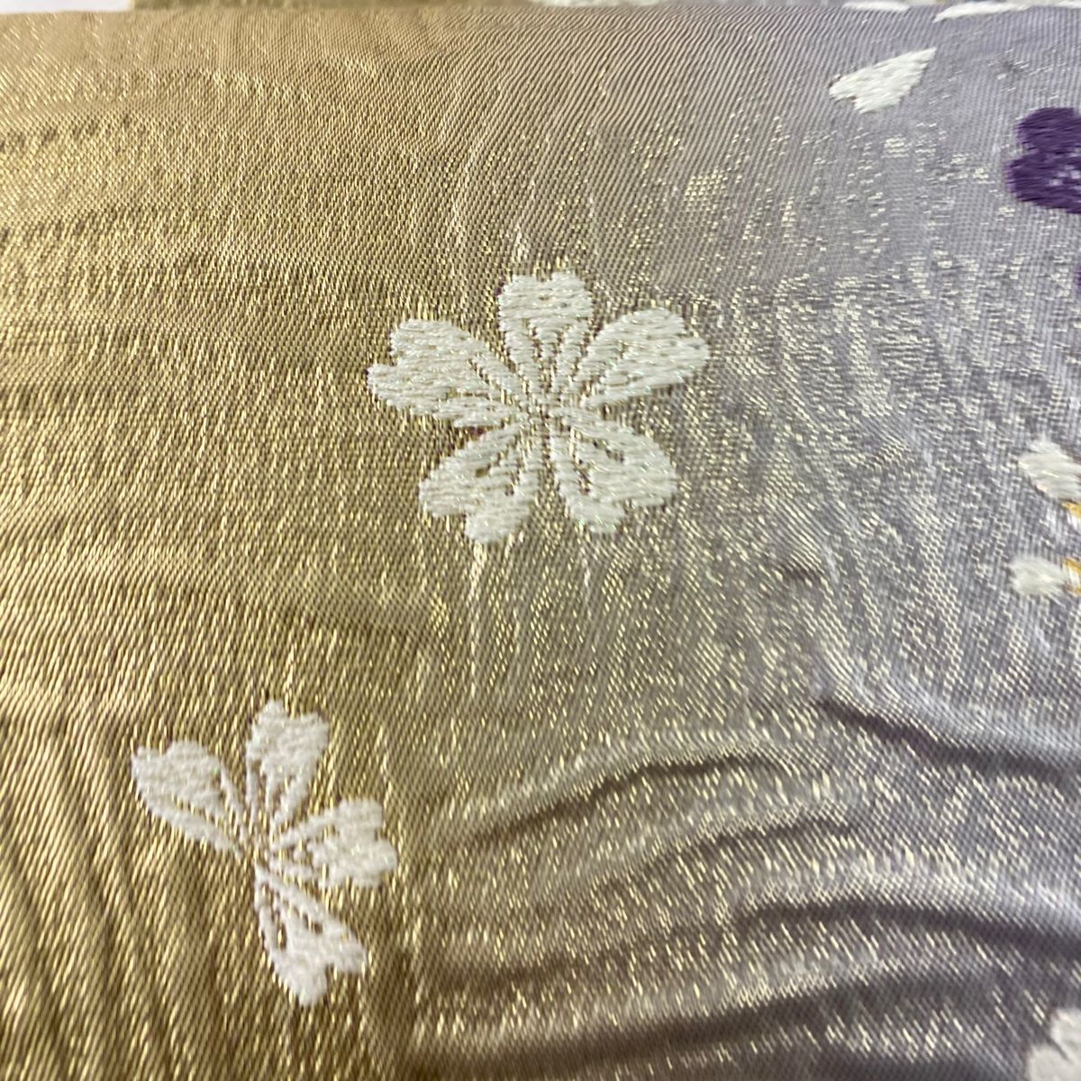 袋帯 美品 秀品 桜 花びら 刺繍 箔 紫 六通 正絹 【中古