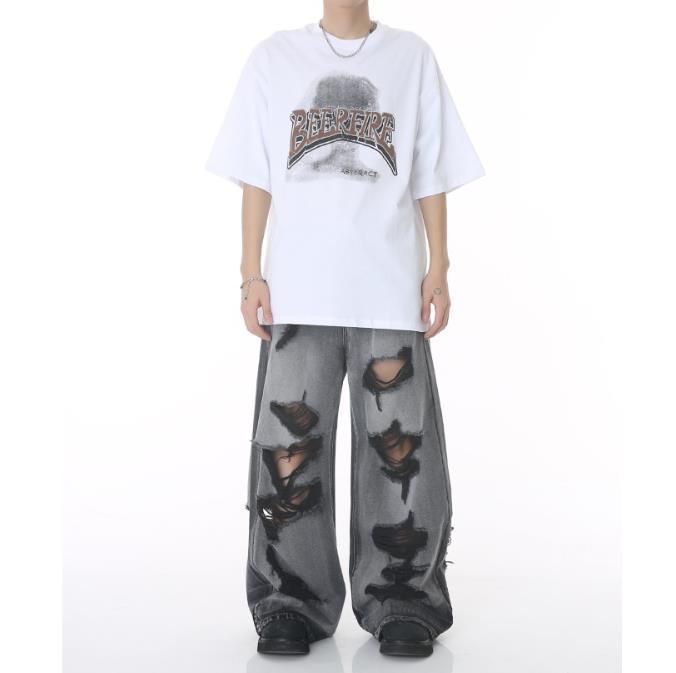 ストリートダメージ加工クラッシュワイドパンツGパンデニム Gパン ワイドパンツ ストリートダメージ 加工 クラッシュ デニム