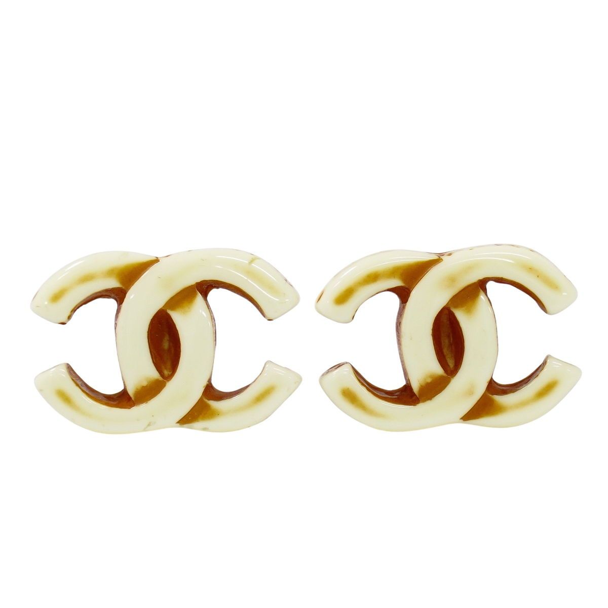 本物 シャネル CHANEL ココマーク イヤリング プラスチック ホワイト ブラウン Coco Mark アクセサリー ジュエリー フォロー割