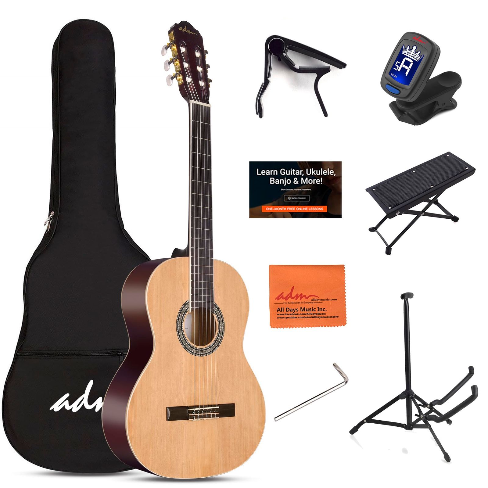 ADM クラシックギター セット 39インチ入門練習 ナイロン弦ギター 9点セット ナチュラル