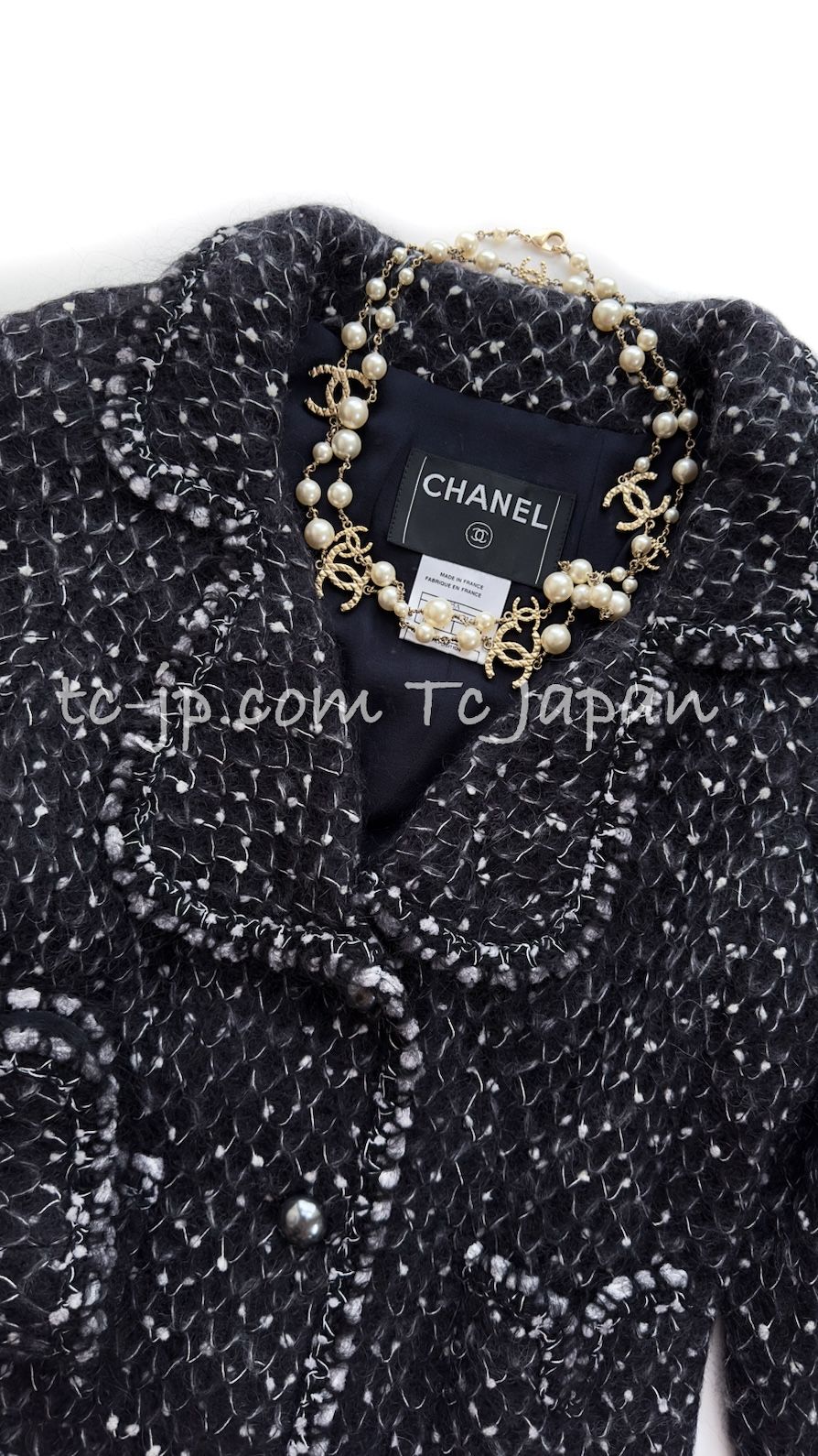 シャネル ジャケット CHANEL ヴァネッサ パラディ着用 ブラック 黒 グレー ふわふわ モヘア ツイード パール ボタン 38