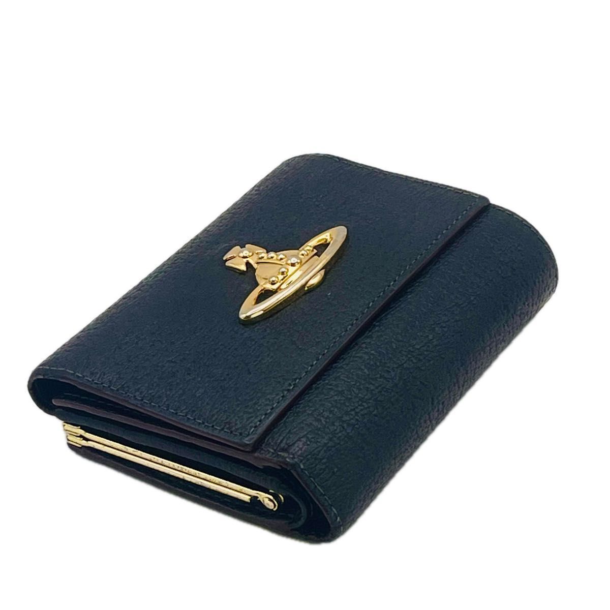 Vivienne Westwood オーブロゴ がま口 三つ折り財布 ブラック Vivienne Westwood 三つ折り財布 がま口 オーブロゴ レザー ブラック