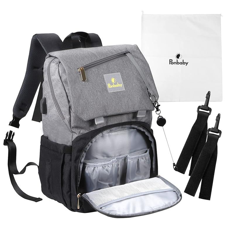 Ponbaby マザーズリュック 大容量 | 16のポケット マザーズバッグ リュック 軽量 多機能 USBポート付き グレー×ブラック 出産祝い プレゼント