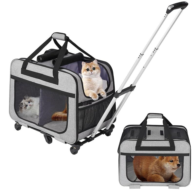 HOVONO 猫 2 匹 キャリー キャスター付き 小型 犬 キャリー カート ペットトロリーバッグ ペットキャリーケース 折り畳み 20kgまでサポート 通気性 旅行|通院|交通機関|災害避難用 1