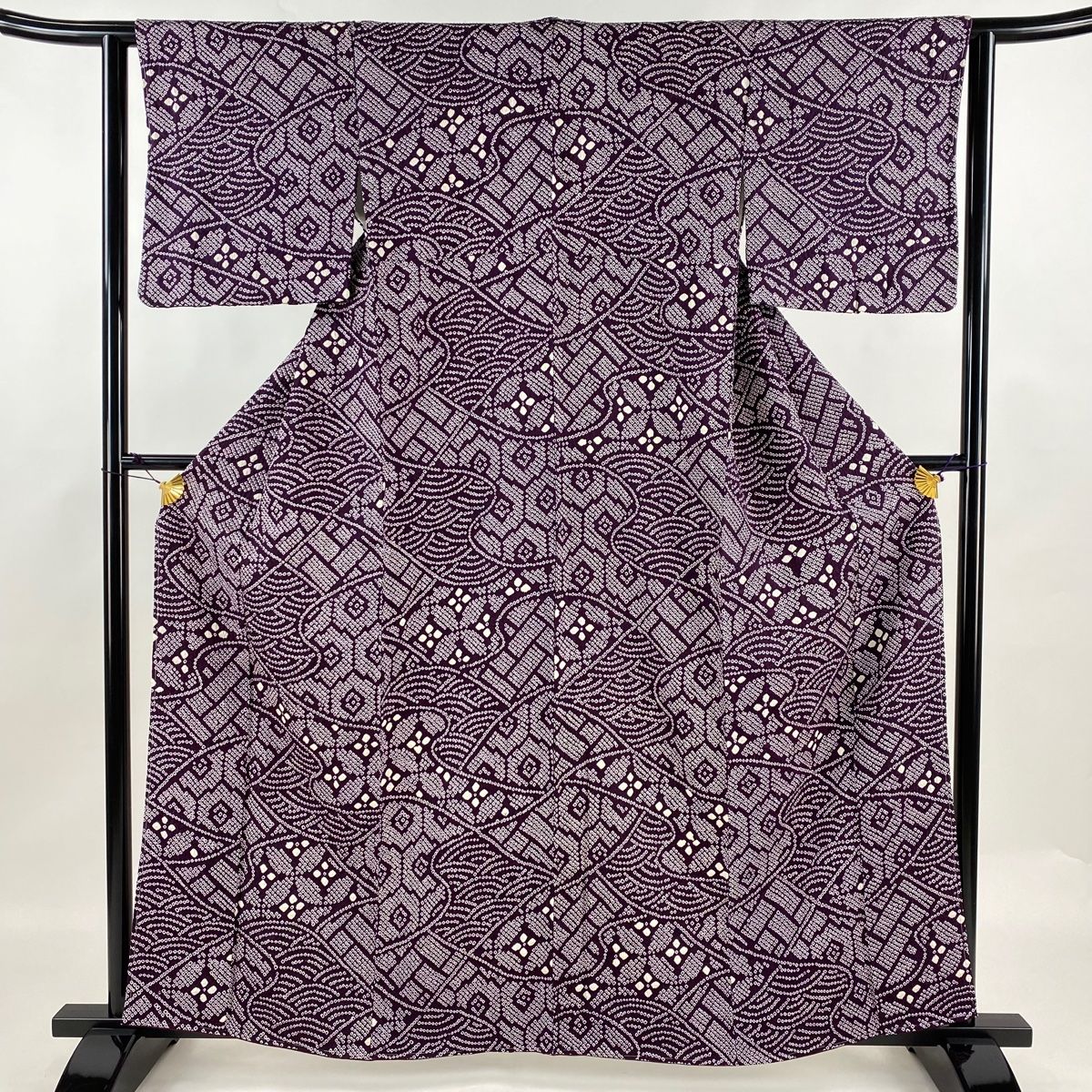 小紋 身丈161cm 裄丈61.5cm S 袷 有職文様 流水 総絞り 濃紫 正絹 名品
