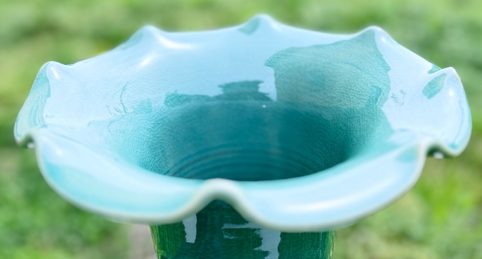 大きな壺 花瓶 青山作 透かし 鶴 縁起物 骨董品 青磁 花瓶 緑 グリーン