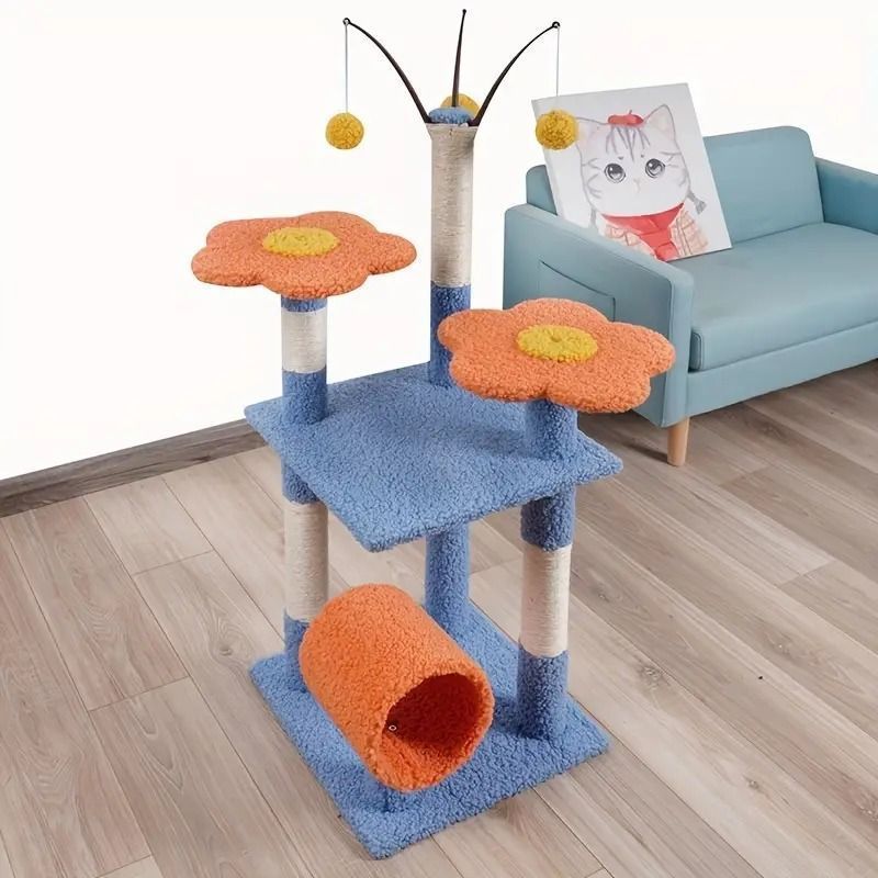 キャットタワー キャットポール キャットツリー かわいい 猫じゃらし トンネル付猫タワー スリム 大型猫 多頭飼育 据え置き 省スペース 登りやすい ハンモック 見晴台 ねこハウス 爪とぎポスト