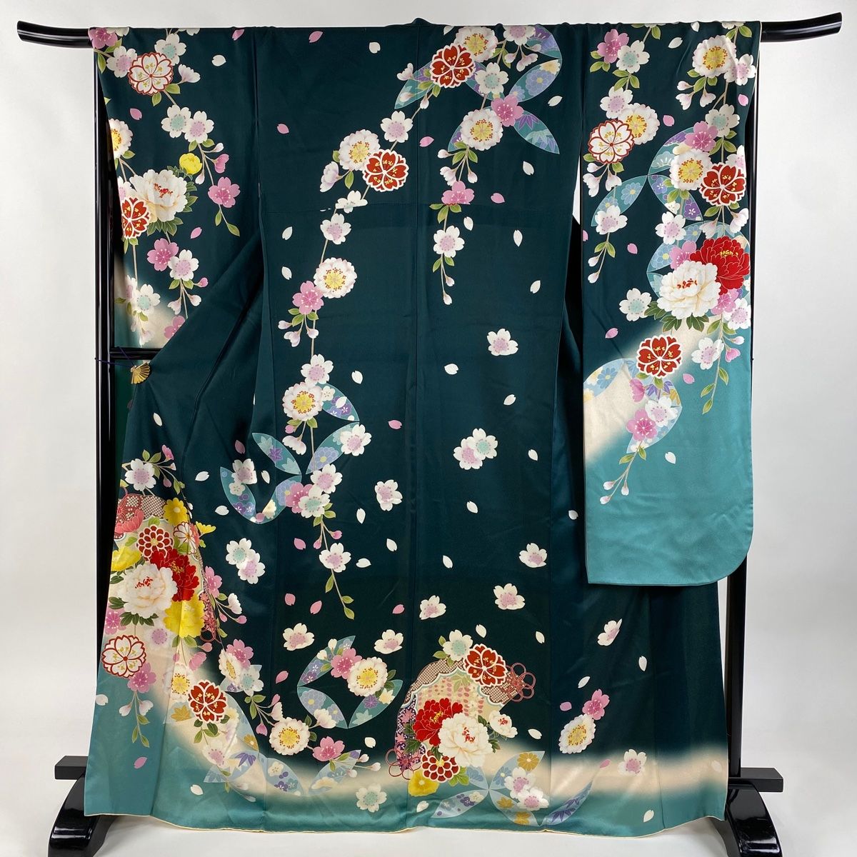 振袖 身丈168.5cm 裄丈68cm L 袷 牡丹 桜 ぼかし 染分け 深緑 正絹