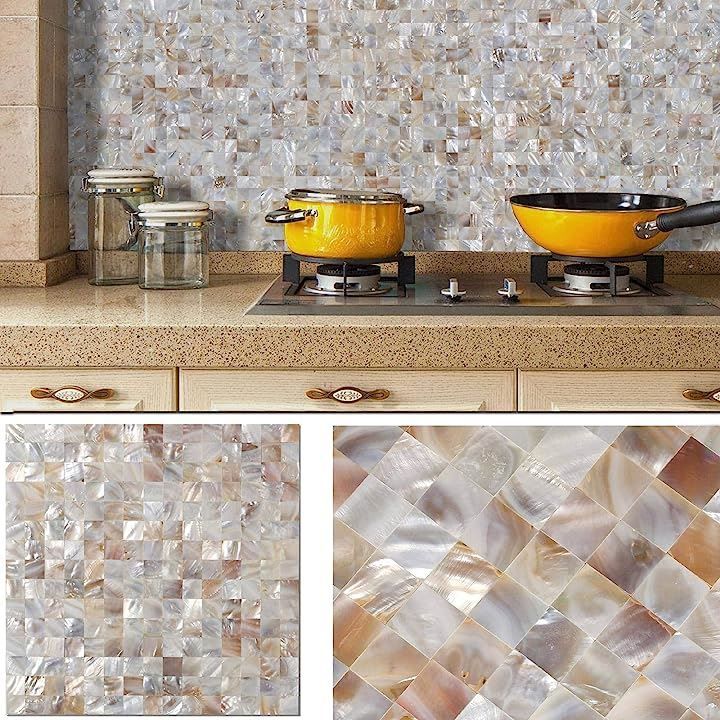 Es DECOR タイルシール 耐熱 防水 壁 シート DIY シェルタイル モザイク 貝殻タイルシール300x300x3mm 4枚 Natural color( Natural color)
