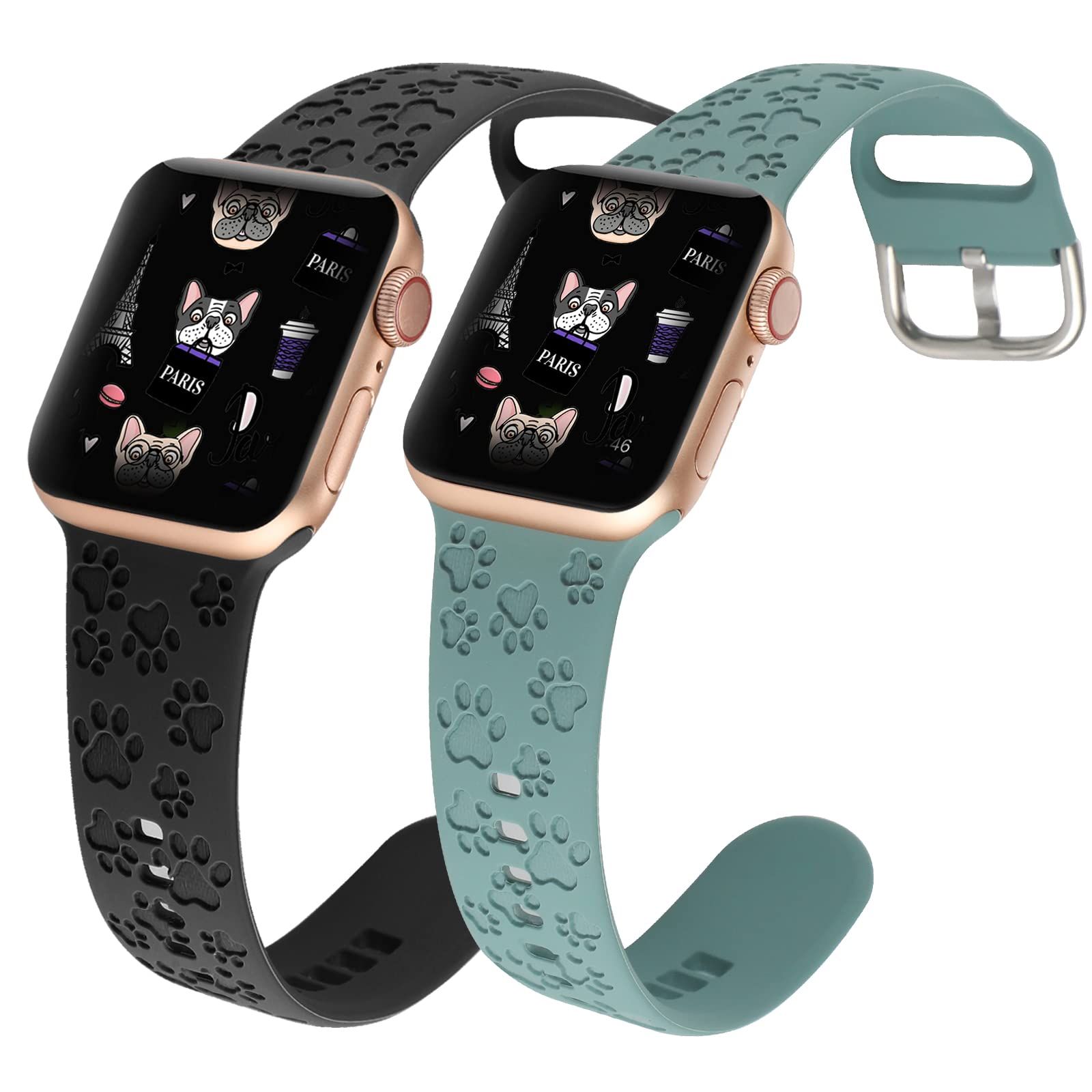 犬の足跡が刻印されたデザイン スポーツバンド 2本パック Apple Watch iWatchバンド 40mm 38mm 41mmに対応 アニマルラブ 肉球プリント レーザーソフトシリコンストラップ iWatch Series 7-1 & SE用 (ブラック 