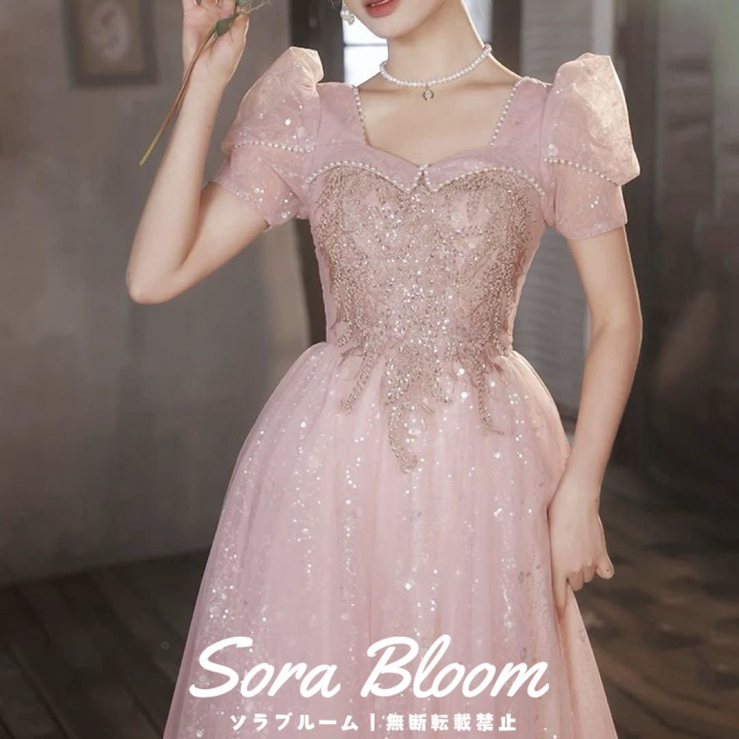 お花のデザインにパールが パフスリーブ ロングドレス大人 おとなかわいい スカート モード系ロマンチックドレス クラシカルワンピース