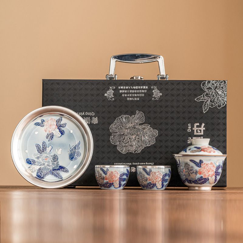 中国茶器 鎏銀工芸 蓋碗 湯呑み 茶盤 茶器セット セラミック 陶磁器 転居祝い 出産祝い 結婚式お祝い 誕生日 贈り物