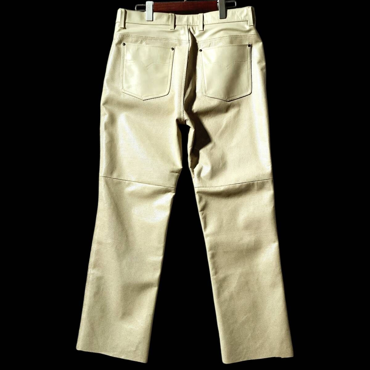 Liugoo Leathers タグ付 パンチング牛革レザーパンツ 裏メッシュ 白 34 バイク ツーリング ライディング バイカー ライダース リューグー