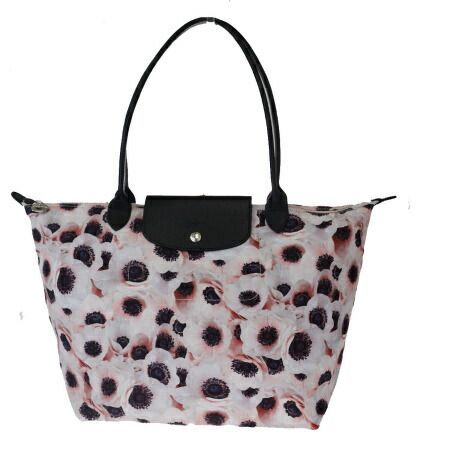 【中古】 美品 ロンシャン LONGCHAMP トートバッグ ショルダー 花柄 ピンク ブラック ナイロン レザー 01EW963