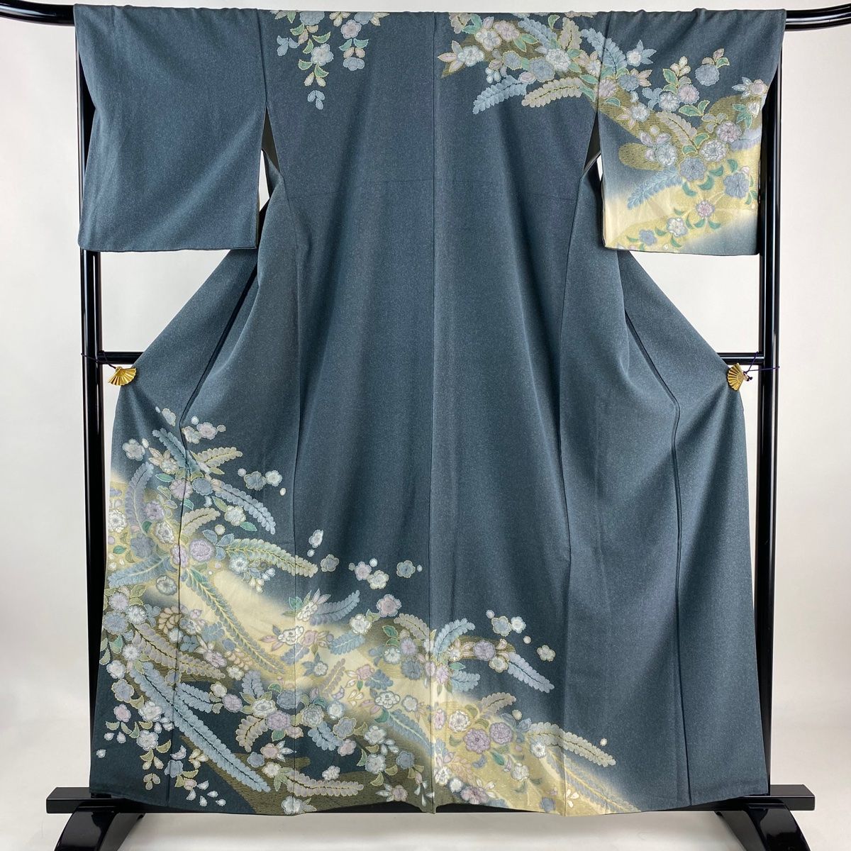 訪問着 身丈159cm 裄丈66.5cm M 袷 辻ヶ花柄 絞り 金彩 灰緑 正絹 名品  