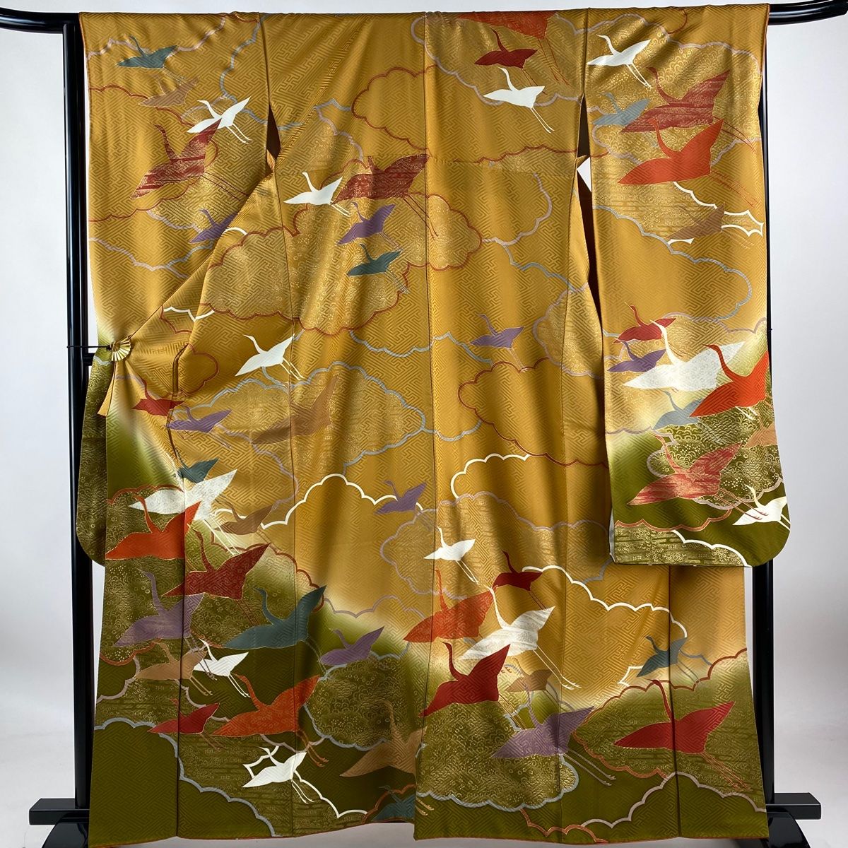 振袖 身丈162cm 裄丈65.5cm M 袷 鶴 雲文 金糸 金彩 薄茶色 