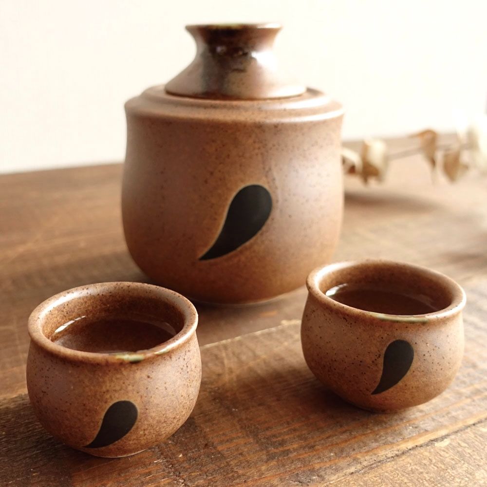 R43】未使用品/荻焼/レトロ/ぐい呑/酒器/木箱入り/徳利/おちょこ