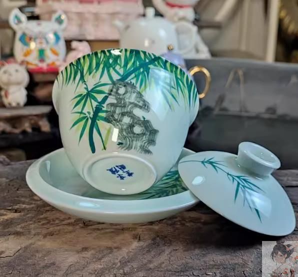 龍三才蓋碗 陶磁製 茶器 茶碗 茶杯 湯呑 煎茶道具 中国美術 青磁彩竹三才蓋碗 茶碗 蓋碗 新品 中国美術 湯呑 茶器 煎茶器