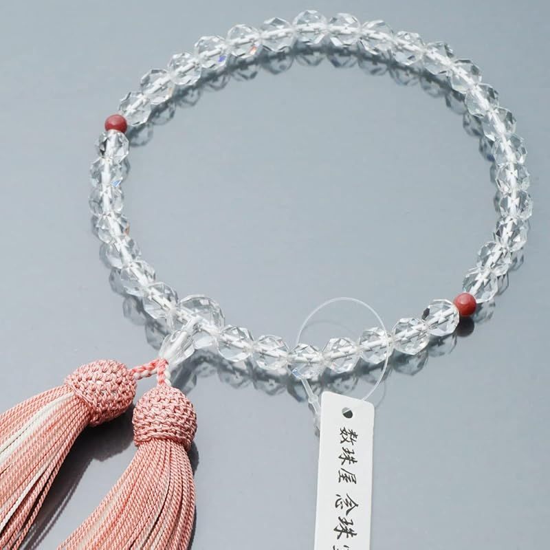 念珠堂 女性用 本水晶 32面カット 紅連石入 正絹房 絹 手作り 念珠 全ての宗派でお使い頂ける 国産 念誦 創業80余年 老舗数珠メーカー 0