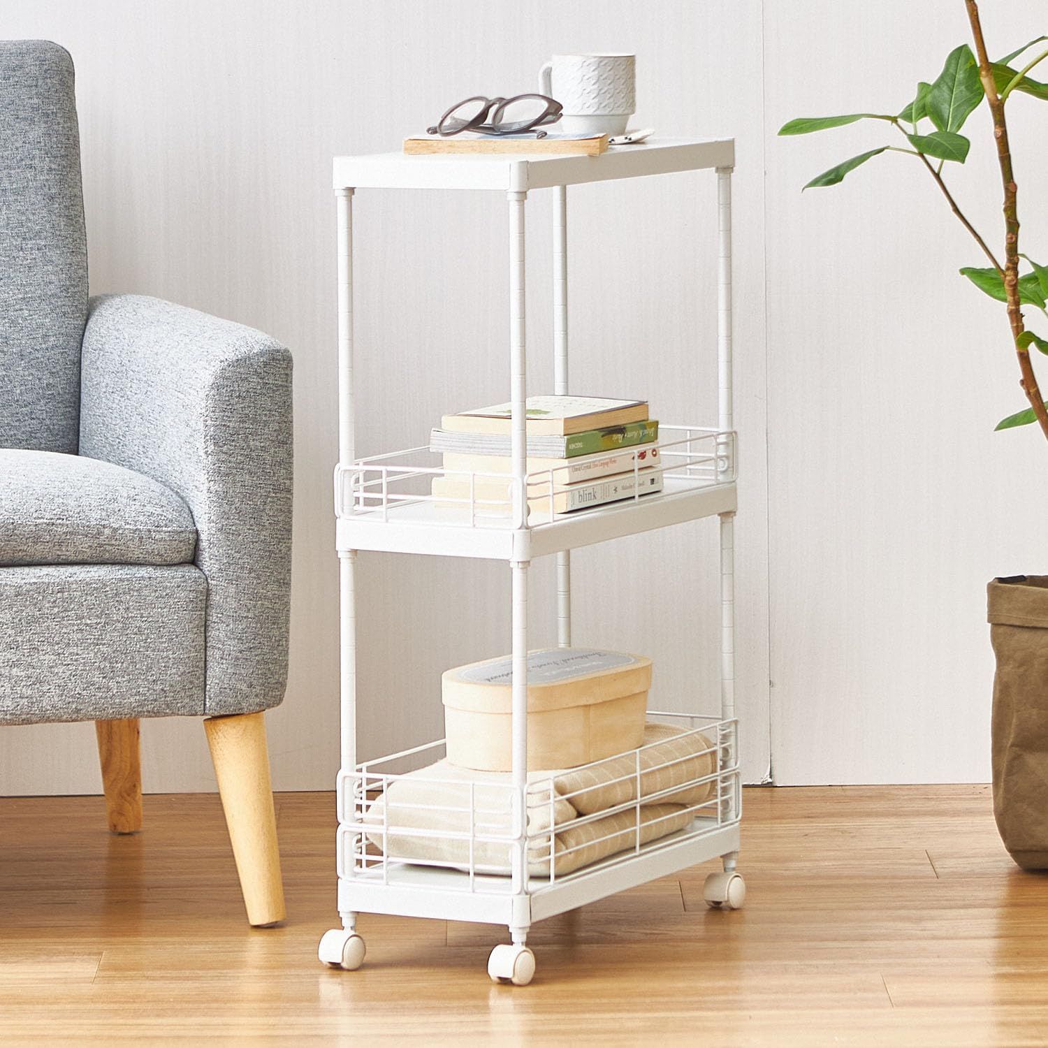 【在庫処分】ドウシシャ サイドテーブル キッチンワゴン ランドリーワゴン キャスター付き スリム 白 ホワイト 3段 幅20cm×奥行45cm×高さ74.5cm CPS4520-WH マットな質感 オシャレ 可愛い 可動棚板