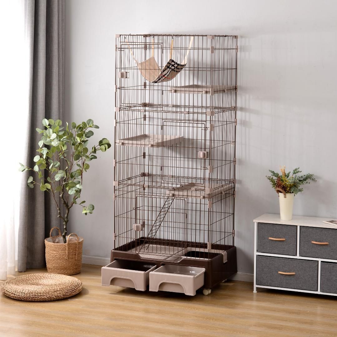 猫ケージ 2段 高さ132cm 茶色 トイレ収納ハンモック付