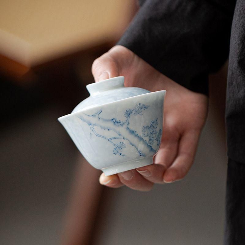 白磁 手作り 蓋碗 松 手描き青花 磁器ティーセット 品名杯 茶器