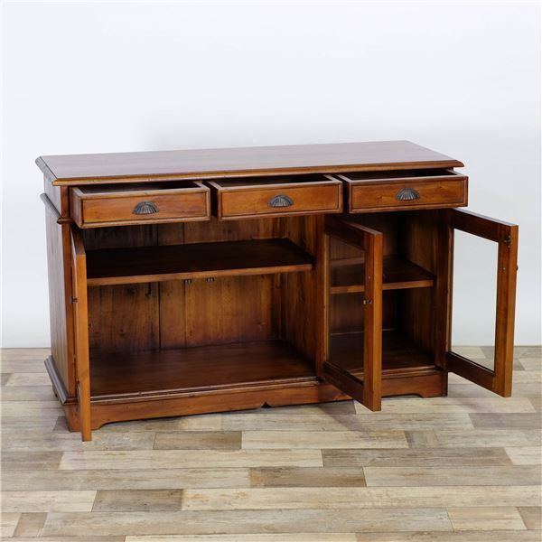 木製 ワイドキャビネット|サイドボード マホガニー材 引き出し付 真鍮製取っ手