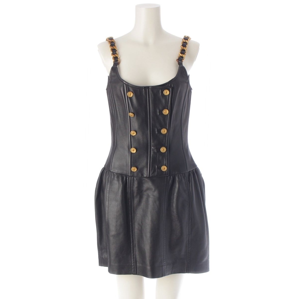 シャネル 93A 1993 レザー シルク ヴィンテージ ココボタン ゴールドチェーン ワンピース トップス ボトムス ブラック 36