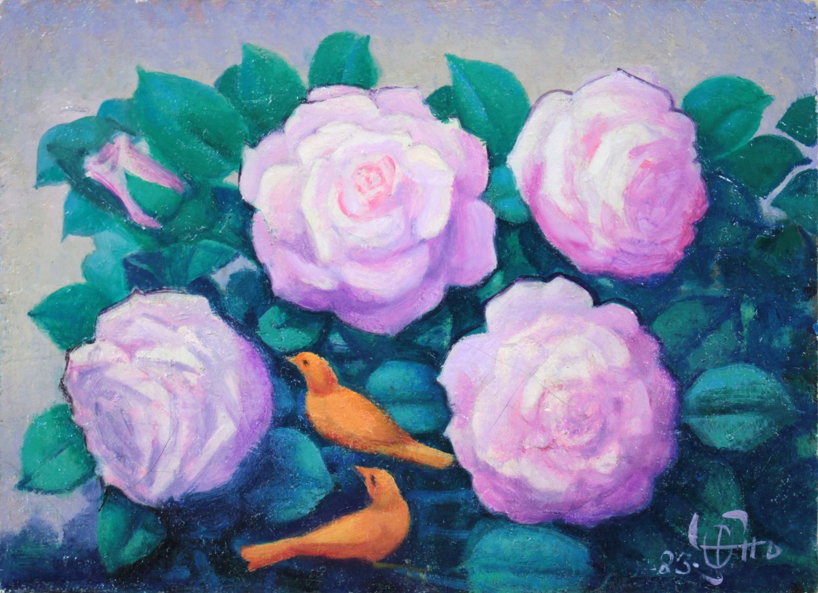 阿部乙人『花と鳥』油彩画【真作保証】 絵画 阿部乙人『花と鳥』油彩画【真作保証】 絵画